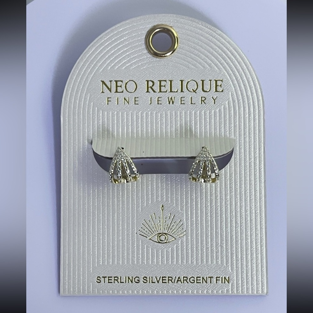 NEW Neo Relique Fine Jewelry Pave CZ 4 Burst Huggie Hoop Earrings • 925 Silver